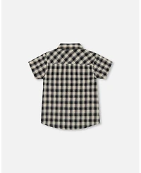 Deux par Deux Baby Boys Short Sleeve Button Down Shirt Black And Beige Plaid