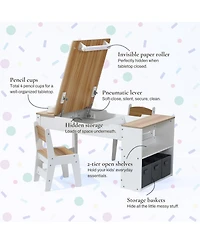 LuxenHome Activity Children Table with Storage Bookcase and 2 Chairs Set