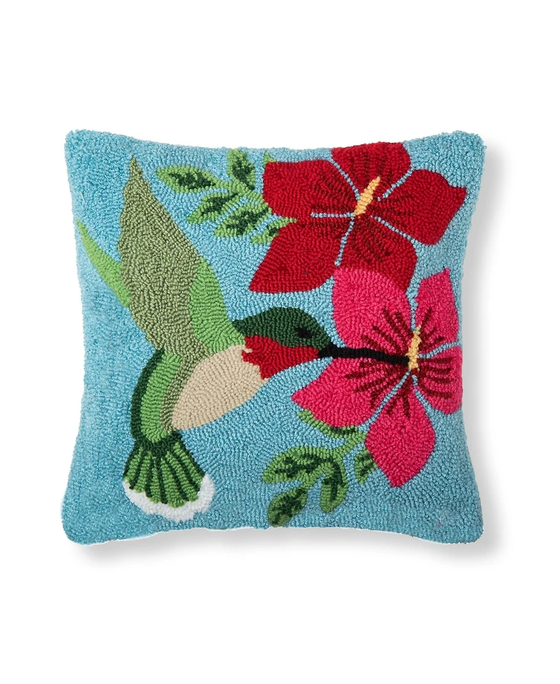 16" x 16 Humming Bird Floral Flowers Spring Theme Hooked Accent Throw Pillow
