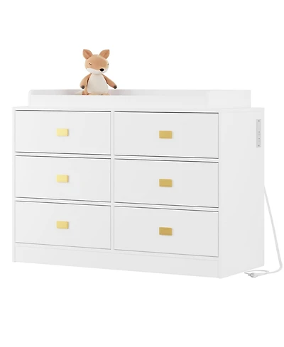gaomon Dresser for Bedroom with 6 Drawers, Changing Table Dresser with Changing Table Top, Nursery Dresser Diaper Changing Station for Baby with Power