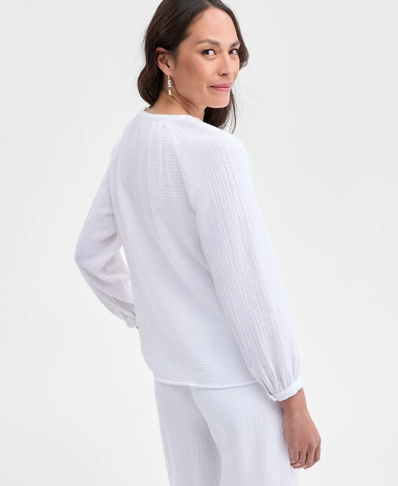 Jm Collection Petite Cotton Embellished-Split-Neck Top, Exclusively at Macy's