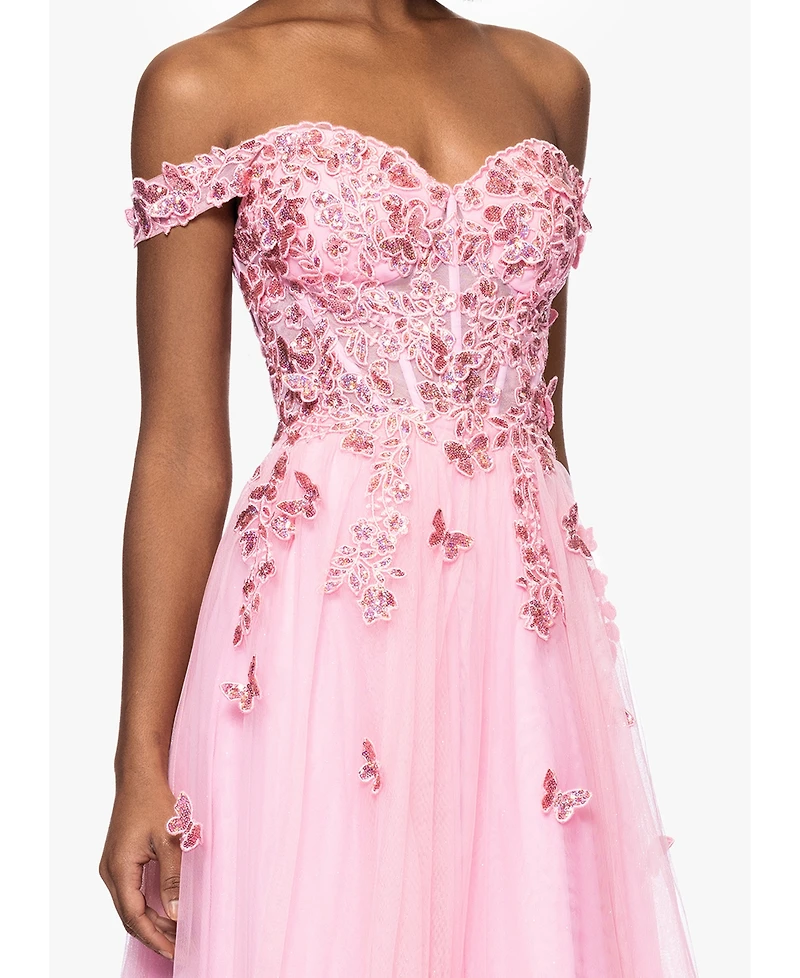 Blondie Nites Juniors' Off-The-Shoulder 3D Butterflies Gown