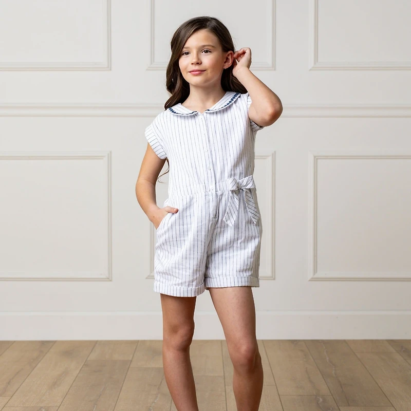 Hope & Henry Girls' Linen Peter Pan Collar Button Front Romper, Toddler