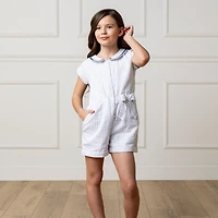 Hope & Henry Girls' Linen Peter Pan Collar Button Front Romper, Toddler
