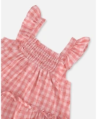 Deux par Baby Girls Smocked Layered Dress With Frill Sleeve Checked Pink