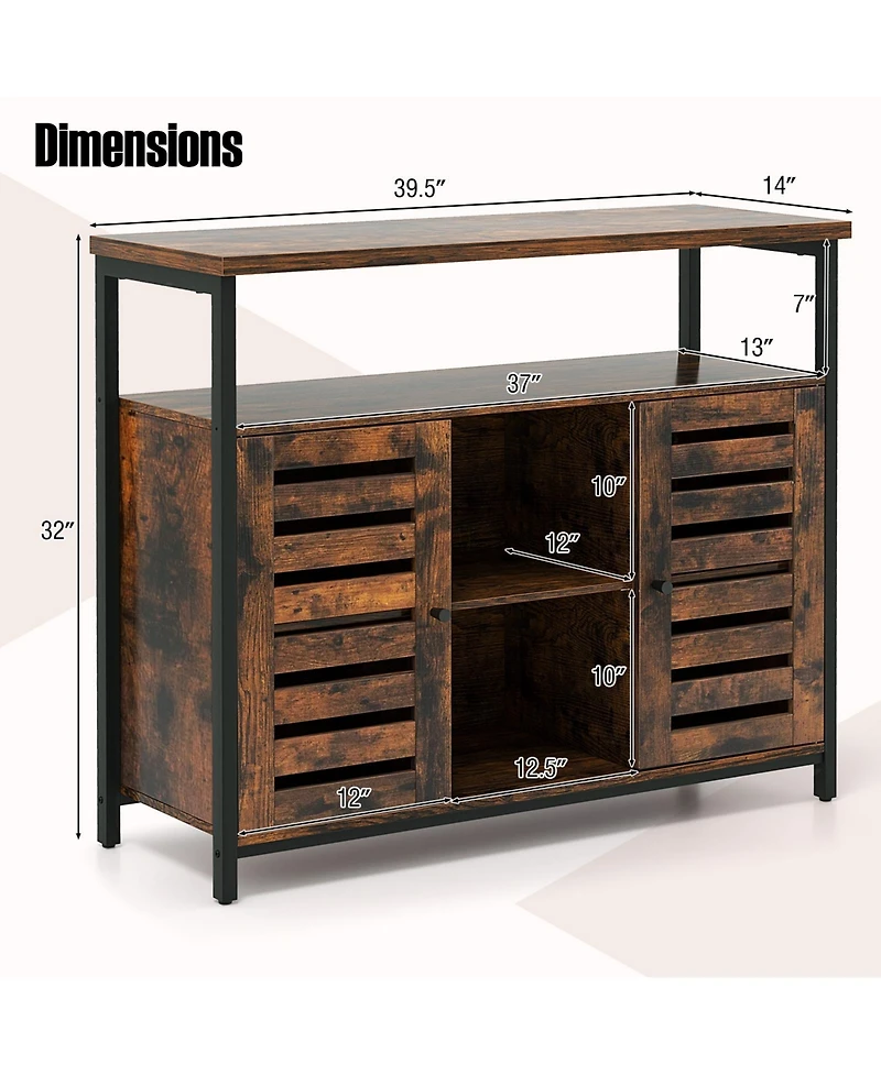Gouun Buffet Cabinet Industrial Sideboard Storage Cabinet with Push-to-Open Slatted Door and 3 Adjustable Shelves