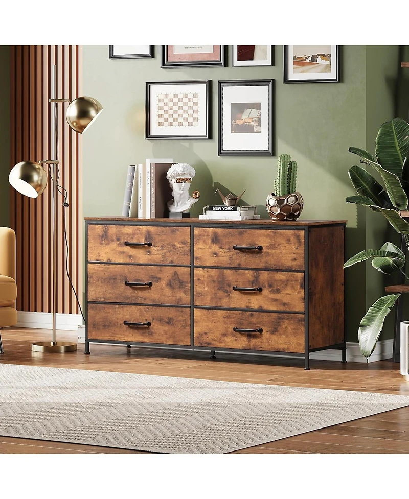 Wlive Wide Fabric Dresser 6 Drawer Dresser Tv Stand for 60/" Tv Dressers Bedroom Furniture Large Storage Tower Unit with Fabric Bins Dresser for Bedro