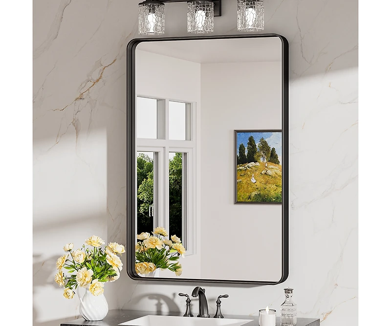 Keonjinn 24x36 Inch Brushed Gold Bathroom Vanity Mirror Tempered Glass Metal Framed