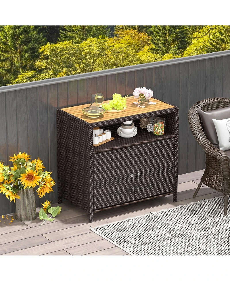 Gouun Rattan Storage Cabinet with Acacia Wood Countertop for Poolside Deck and Patio