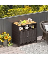 Gouun Rattan Storage Cabinet with Acacia Wood Countertop for Poolside Deck and Patio