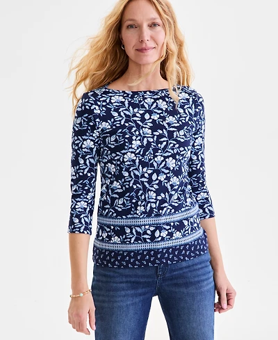 Style & Co Petite Pima Cotton Floral Medallion 3/4-Sleeve Top, Exclusively at Macy's