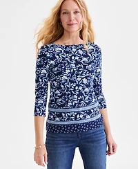 Style & Co Petite Pima Cotton Floral Medallion 3/4-Sleeve Top, Exclusively at Macy's