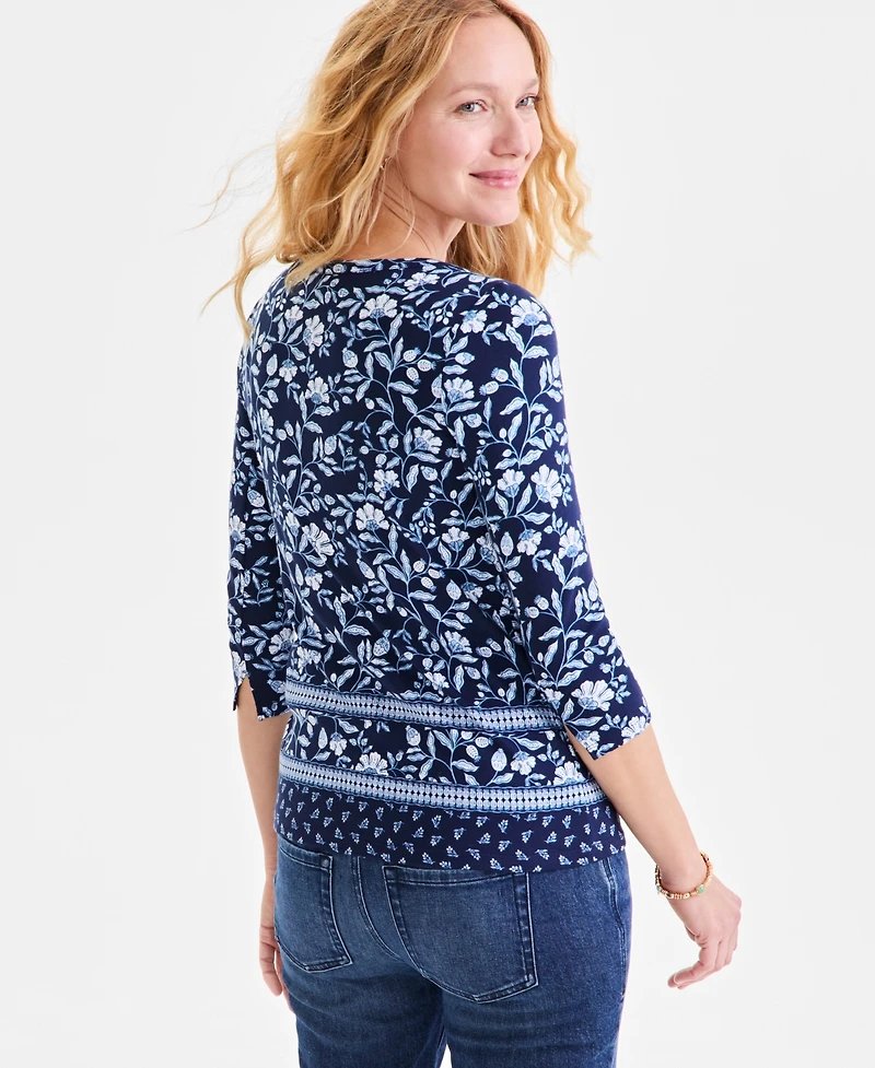 Style & Co Women's Printed Pima Cotton 3/4-Sleeve Top, Exclusively at Macy's