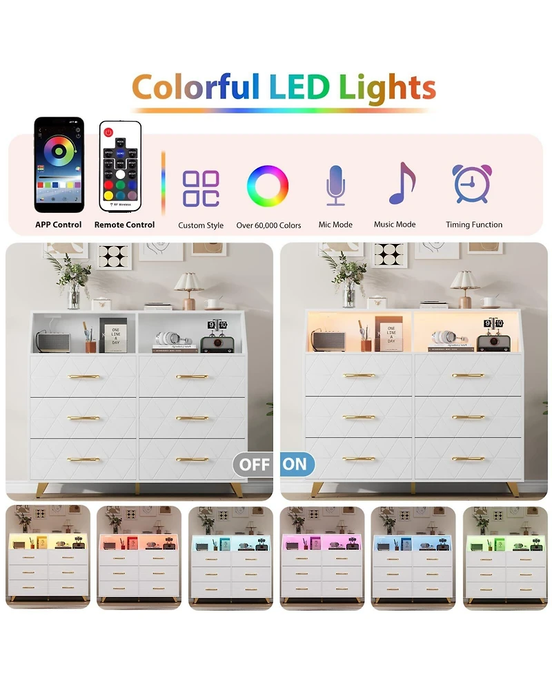 gaomon Dresser with Charging Station, Led Tv Stand 6 Drawers, Wood Modern Dressers & Chests of Drawers for Closet, Bedroom, Living Room,