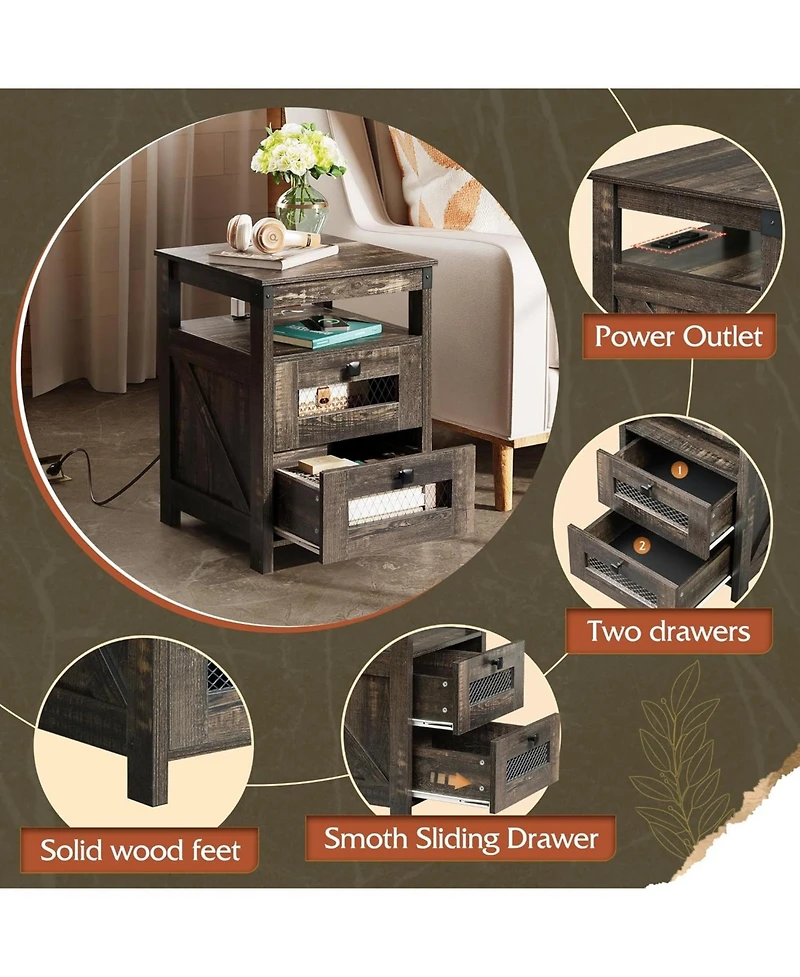 Wlive Farmhouse Nightstand, End Table with Charging Station, Bedroom Wooden Night Stand with 2 Storage Drawers, Side Table with Usb Ports and Outlets,