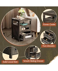 Wlive Farmhouse Nightstand, End Table with Charging Station, Bedroom Wooden Night Stand with 2 Storage Drawers, Side Table with Usb Ports and Outlets,
