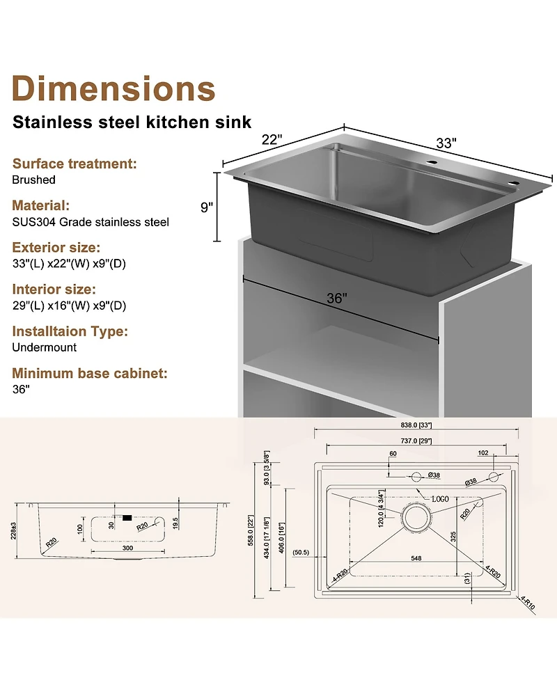 Casainc 33inch L x 22inch W Drop-in Kitchen Sink with Accessories