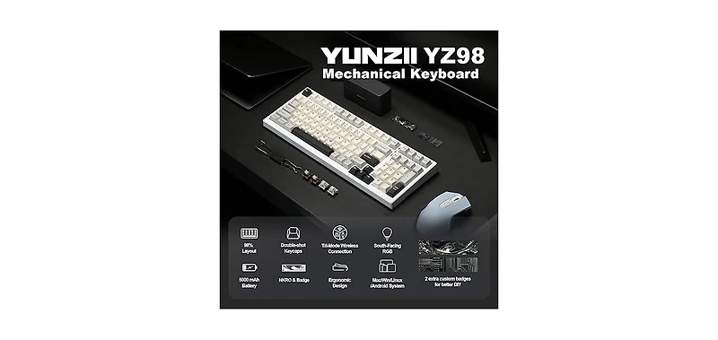 Yunzii YZ98 Gasket Mechanical Keyboard 99 Key Hot Swappable BT5.0/2.4G/Usb-c Wireless Gaming with 5-Layer Sound Padding Nkro 98% Layout with Rgb for L