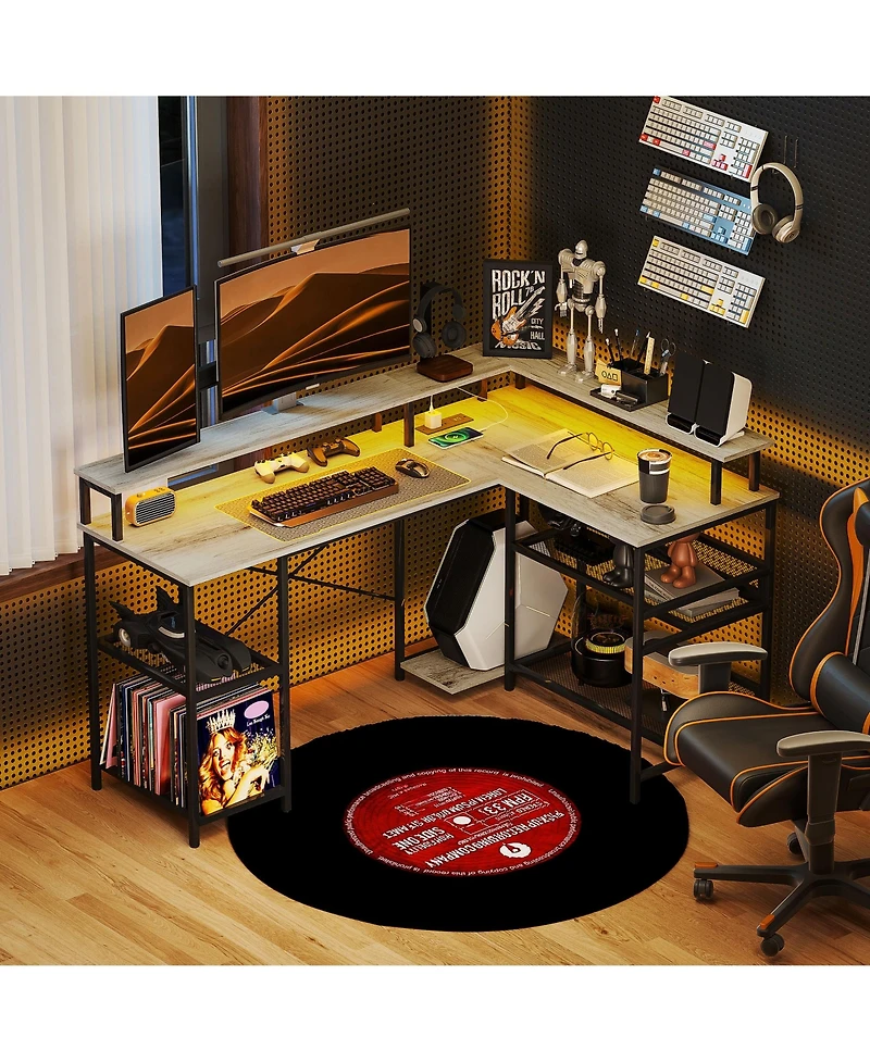 Homcom L Shaped Desk with Led Lights and Power Outlets Gaming Desk