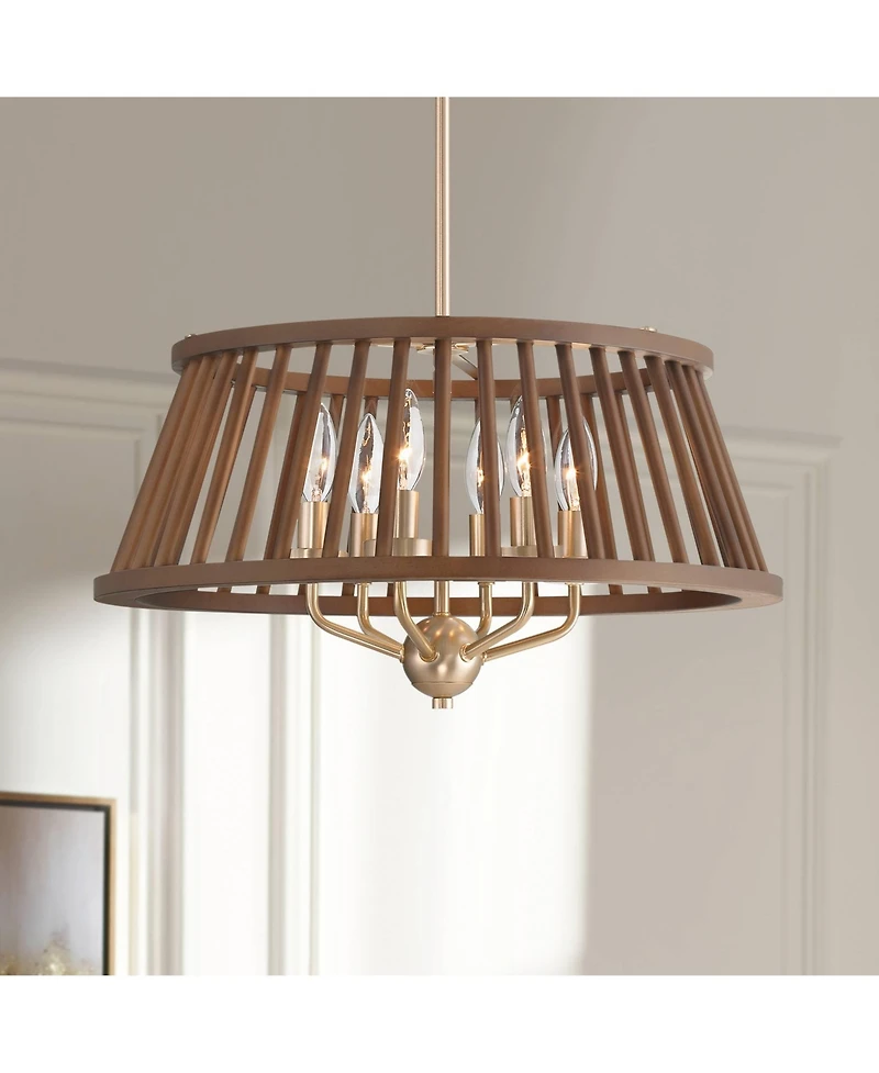 Possini Euro Design Givens 19 3/4" Modern Pendant Chandelier Ceiling Light Fixture Dining Room Over Table 6-Light Satin Bronze and Wood Finish