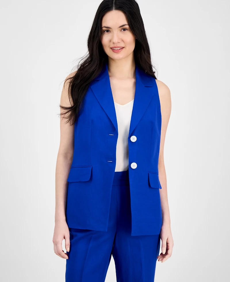 Anne Klein Women's Linen Blend Sleeveless Notched Collar Vest