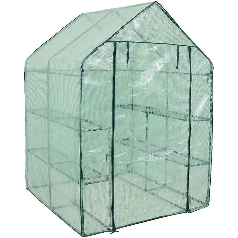 Portable Outdoor Grandeur Walk-In Greenhouse with 4 Steel Wire Shelves and Roll-Up Door - Green