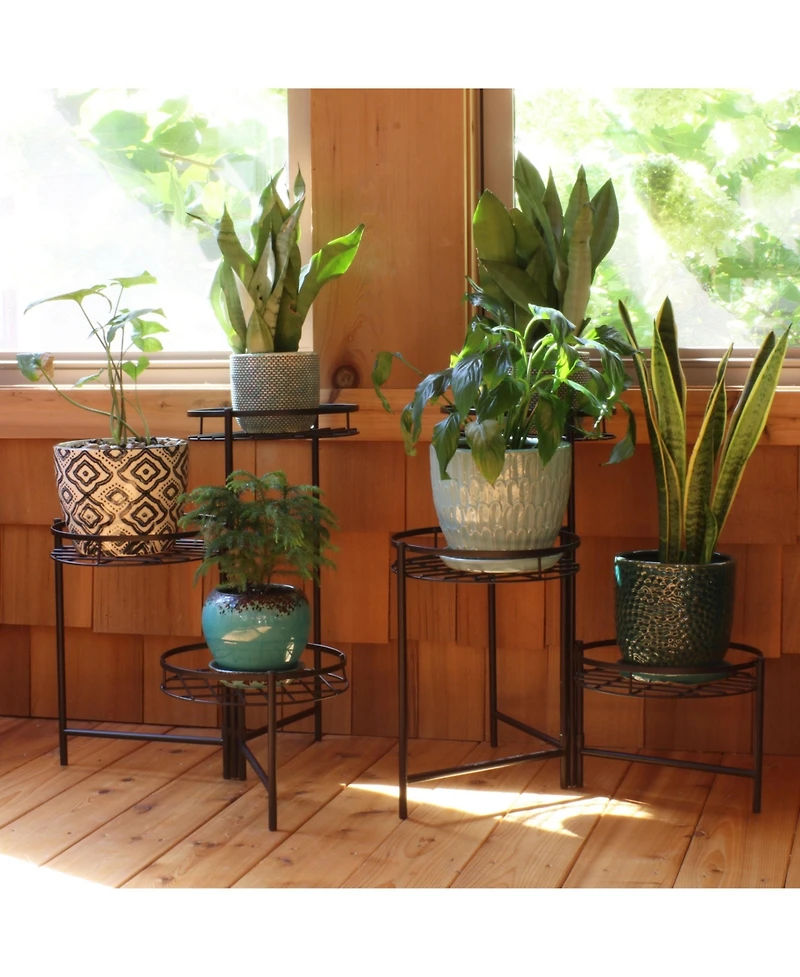 Iron Metal 3-Tiered Decorative Flower Plant Pot Holder Stand Display - Black - 2pk