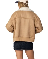 Edikted Womens Faux Suede Shearling Bomber Jacket