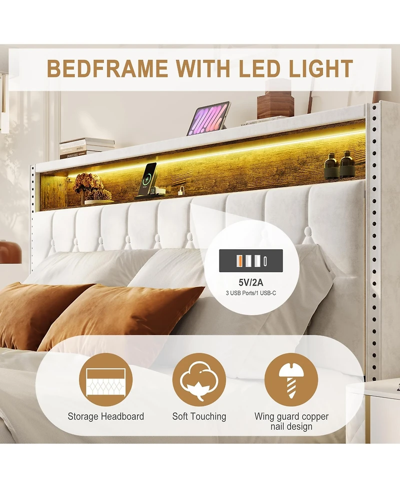 gaomon Full Velvet Upholstered Bed Frame with Storage Headboard and Built-in Charging Station, Smart Led Lights