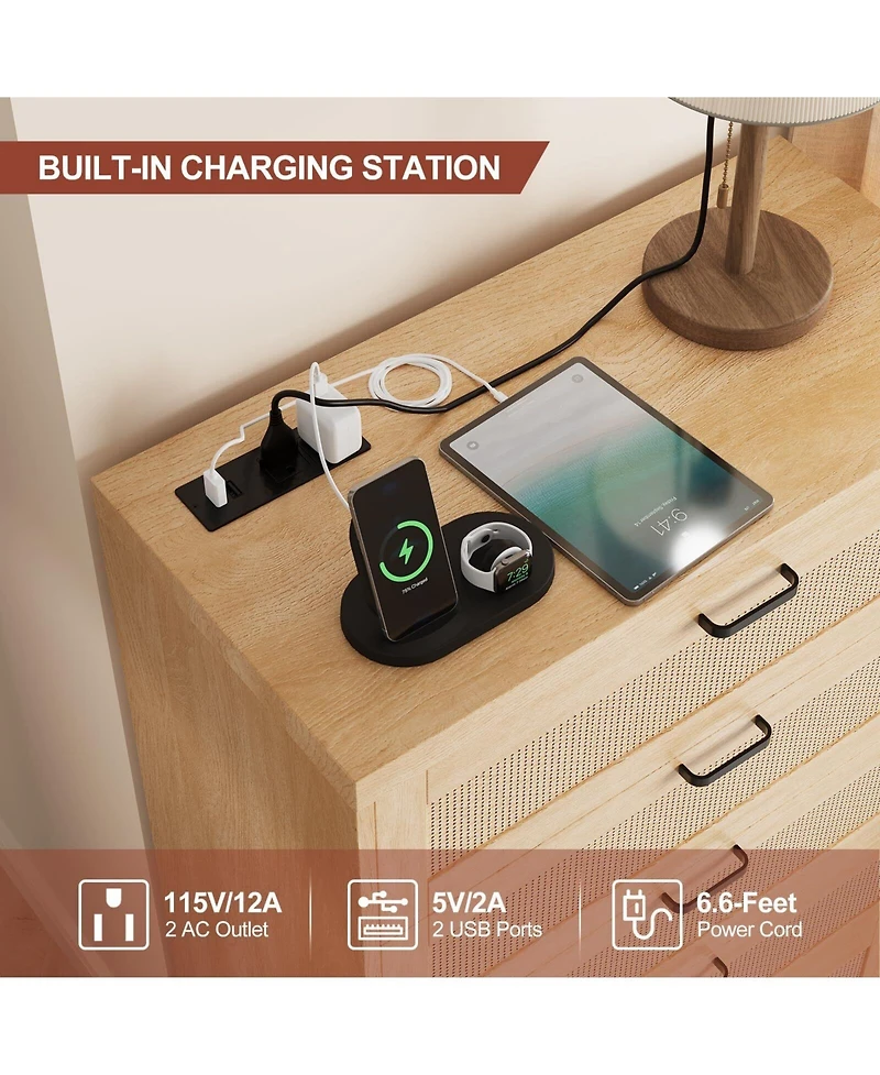 5 Drawer Rattan Dresser for Bedroom, 47.27” Tall Dresser with Power Outlets, Wood Dresser Chest of Drawers with Metal Handles for Living Room C