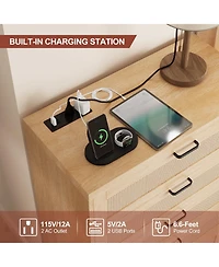 5 Drawer Rattan Dresser for Bedroom, 47.27” Tall Dresser with Power Outlets, Wood Dresser Chest of Drawers with Metal Handles for Living Room C