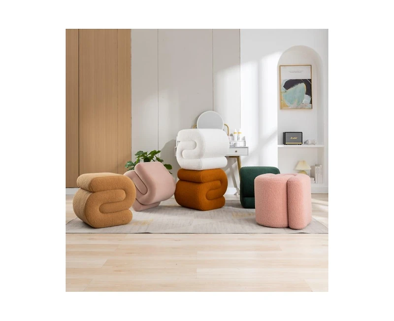 Modern S-Shape Makeup Stool, Teddy Fabric Upholstered Footstool, Comfy Ottoman for Bedroom, Living Room, and Dressing Table-The Pop Home