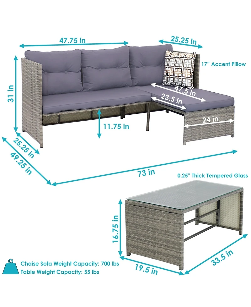 Outdoor Rattan Longford Patio Conversation Set with Chaise Lounge Sectional Sofa, Seat Cushions, and Coffee Table - Charcoal - 2pc
