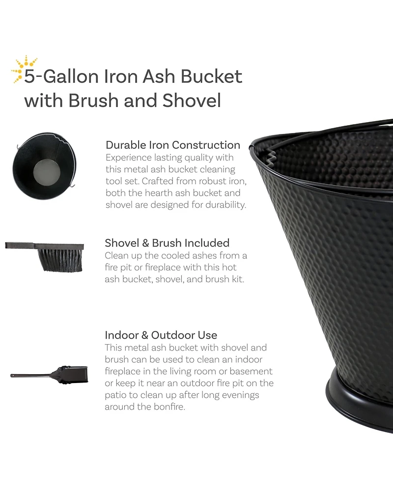 Indoor/Outdoor 5-Gallon Iron Coal and Ash Bucket with Shovel and Brush - Black