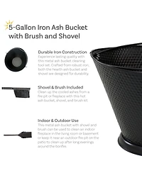 Indoor/Outdoor 5-Gallon Iron Coal and Ash Bucket with Shovel and Brush - Black