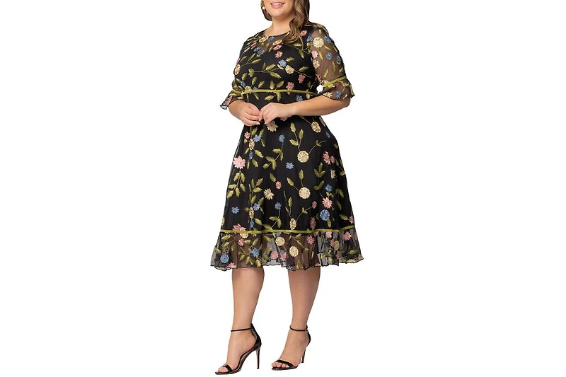 Kiyonna Plus Wildflower Embroidered Floral Mesh Dress