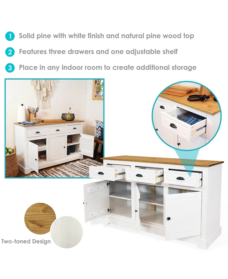 Solid Pine Sideboard Cabinet with 3 Drawers and 3 Doors - Features Adjustable Inner Cabinet Shelf - Zinc Alloy Hardware - Dark Brown- 32-Inch