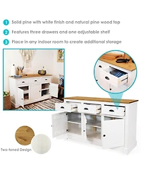 Solid Pine Sideboard Cabinet with 3 Drawers and 3 Doors - Features Adjustable Inner Cabinet Shelf - Zinc Alloy Hardware - Dark Brown- 32-Inch