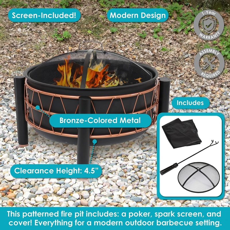 Steel Fire Pit with Bronze Trapezoid Pattern and Pvc Cover - 24.5" Round - Black