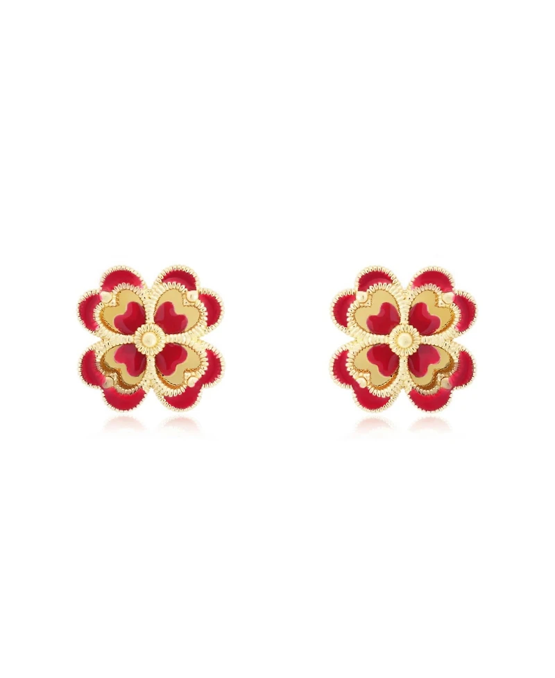 The Lovery Dark Red Enamel and Gold Clover Earrings 14K Gold