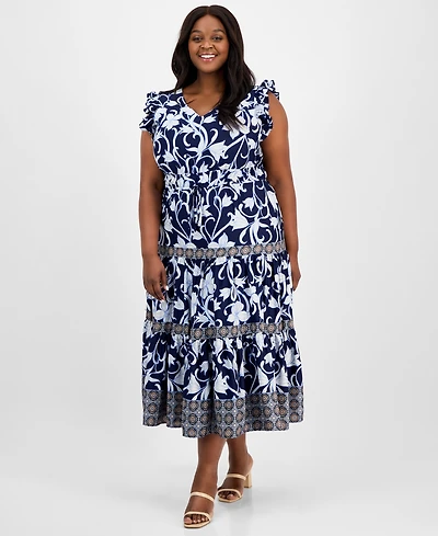 Anne Klein Plus Size Mixed-Print Tiered Maxi Dress