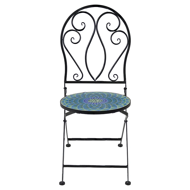 Mosaic Tile Folding Bistro Chairs with Iron Frame - Set of 2 - Compact Folding Design - Black Frame with Scroll Back