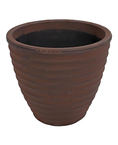 Indoor/Outdoor Round Ribbed Polyresin Planter Pot with Double Wall Design - Rust