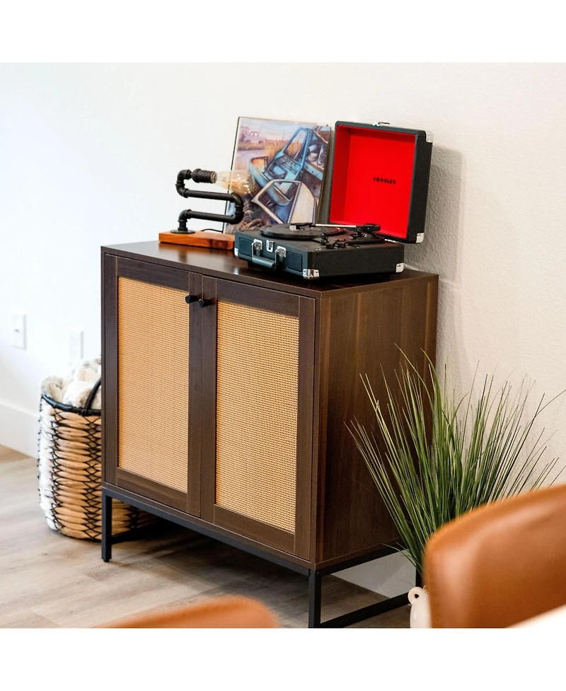 2-Door Mdf Accent Cabinet with Built-In Shelf and Rattan Doors - 31.5" W x 15" D 33" H