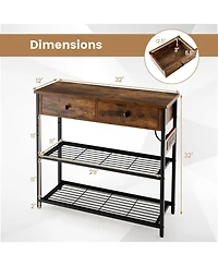 Gouun Narrow Console Table with 2 Drawers and 2 Metal Mesh Shelves