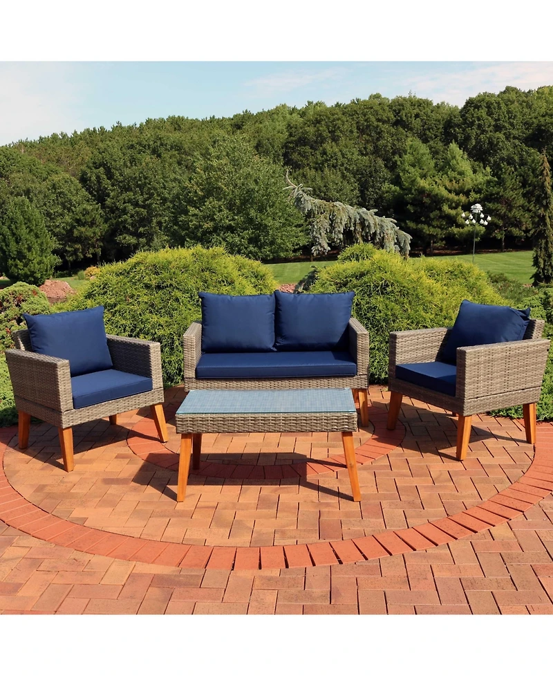 Outdoor Rattan and Acacia Wood Clifdon Patio Furniture Set with Loveseat, Chairs, Table, and Seat Cushions - Navy Blue - 4pc