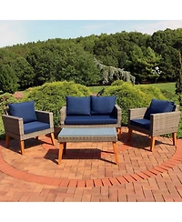 Outdoor Rattan and Acacia Wood Clifdon Patio Furniture Set with Loveseat, Chairs, Table, and Seat Cushions - Navy Blue - 4pc