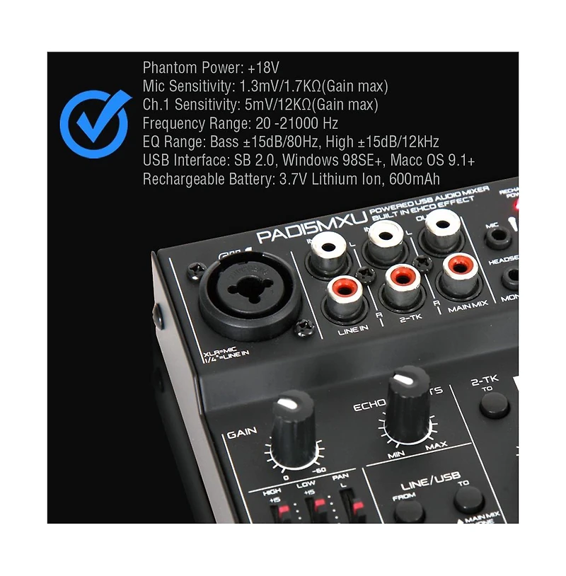 Pyle 3-Channel Usb Audio/Sound Mixer with Rechargeable Battery