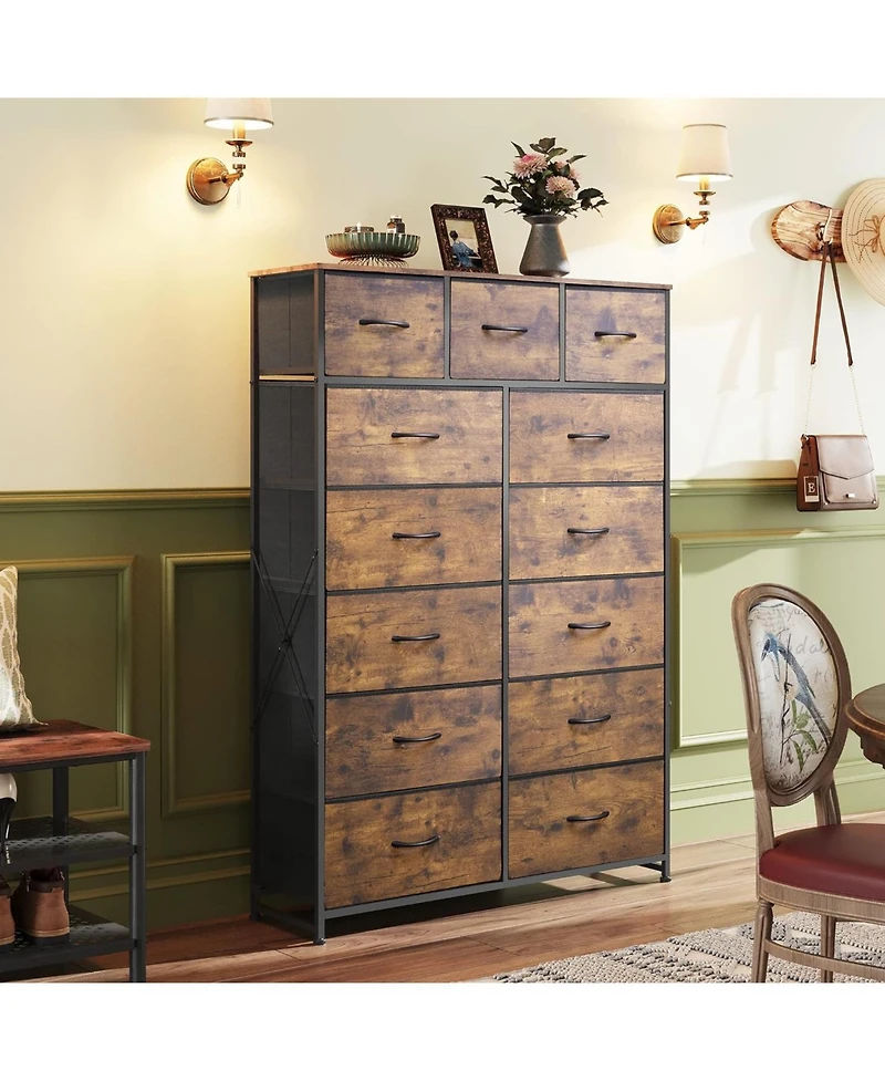 Wlive Tall Dresser for Bedroom with 13 Drawers Storage Organizer Unit Fabric Closet Chest of Steel Frame Wood Top