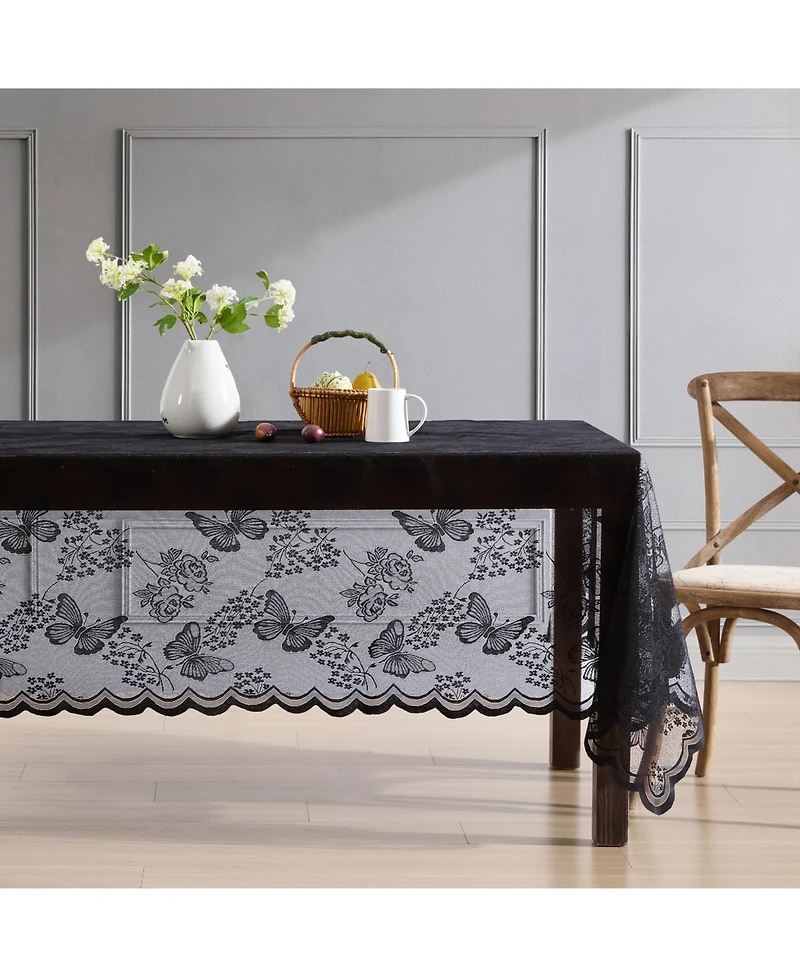Hlc.me Butterfly Floral Lace Fabric Tablecloth, Lace Fabric Table Cloth for Rectangle Square Tables, Wrinkle Resistant Tablecloth, Patterned Scalloped
